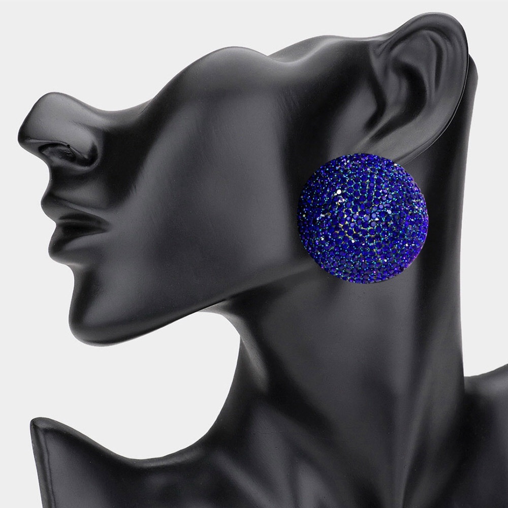 Blue Rhinestone Pave Round Evening Statement Earrings